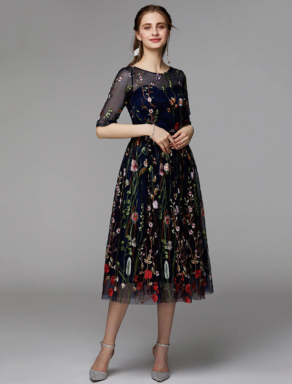 A-Linien-Partykleid, Urlaub, knielang, halbe Ärmel, Illusionsausschnitt, Organza mit Stickapplikationen